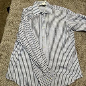 Bugatchi Men's Formal Long Sleeve Button Down Shirt, Large, Blue Stripe